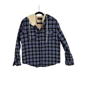 Women's Amber Krystal‎ Flannel Sherpa Plaid Hooded Jacket Snaps Drawstring Large